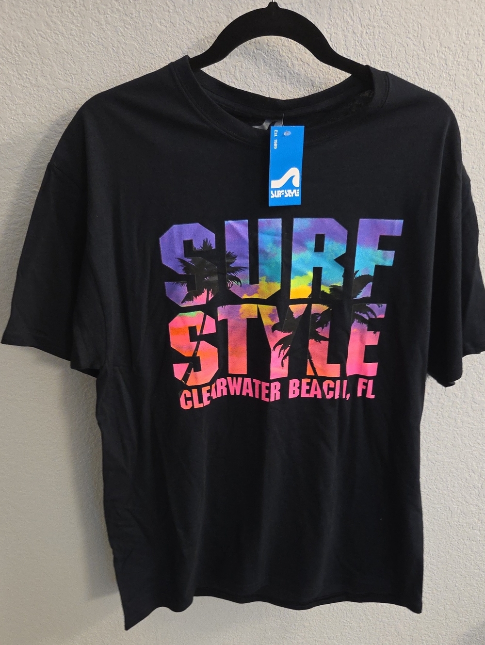 Surf Style Black Tee with Multicolor Sunset Graphic